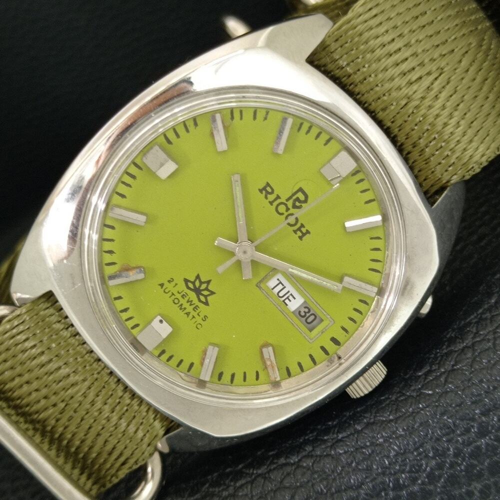 Vintage 1980 Ricoh Automatic Mens Silver Watch W/daydate & Green accents